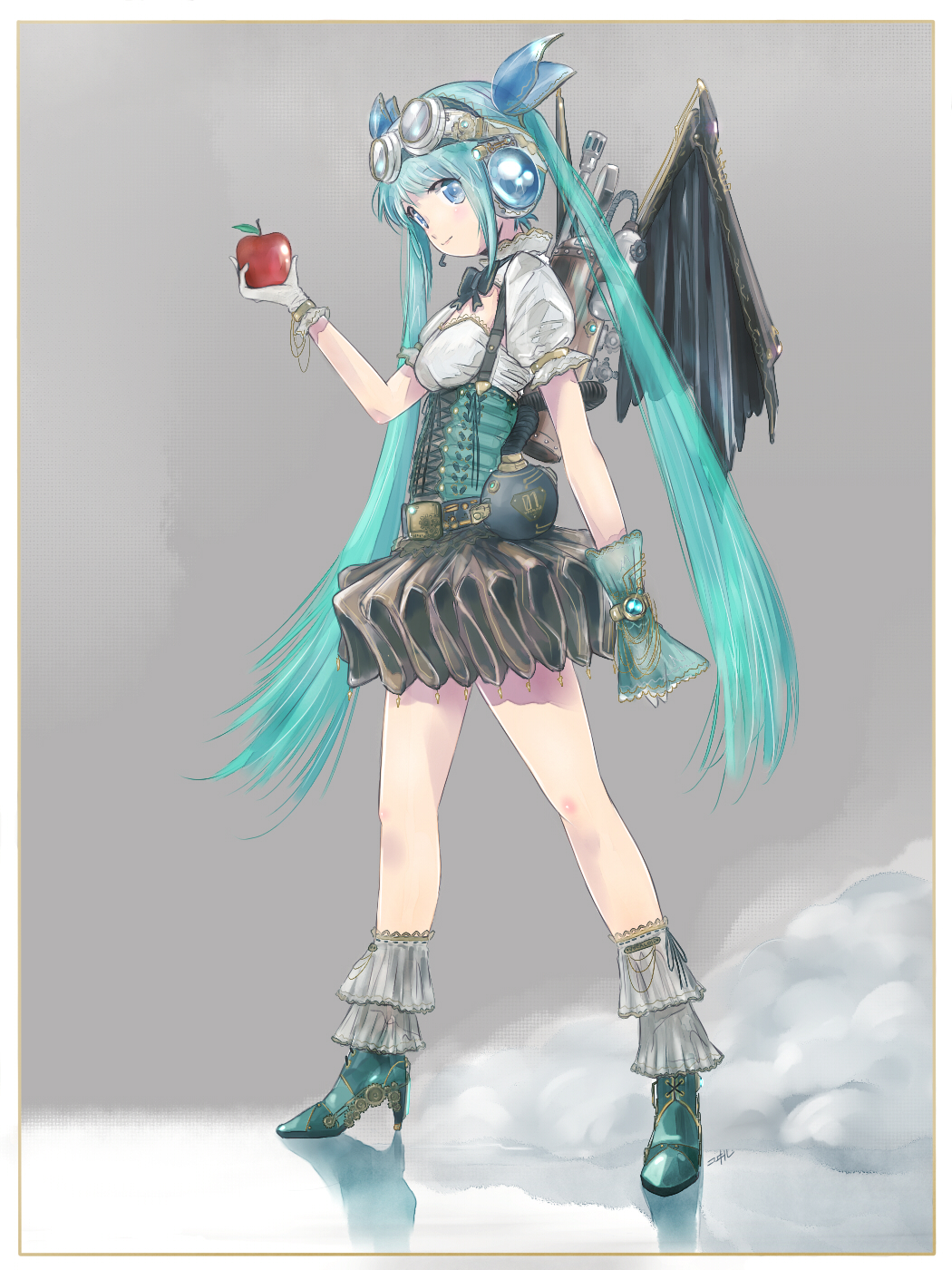 1girl apple aqua_hair artist_name blue_eyes bowtie corset food fruit gloves goggles goggles_on_head hatsune_miku headset high_heels highres kowiru long_hair md5_mismatch mechanical_wings revision skirt smile solo steampunk twintails very_long_hair vocaloid wings