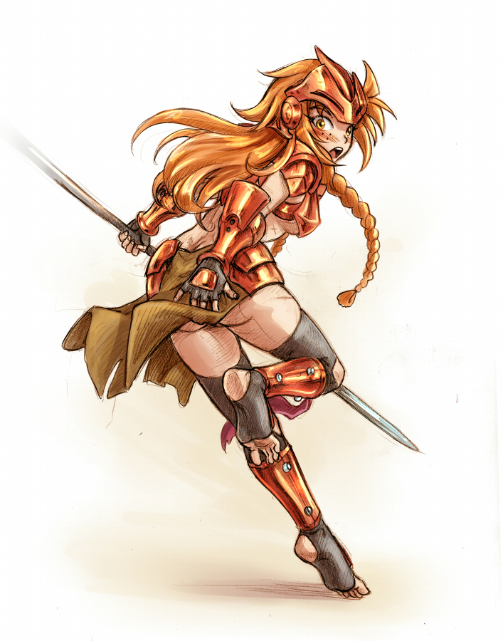 1girl armor barefoot blush braid covering covering_ass dirty_feet embarrassed feet freckles les_chevaucheurs loincloth long_hair maxa' midriff muscle navel phenice_walholl polearm redhead soles spear toeless_socks toes weapon yellow_eyes