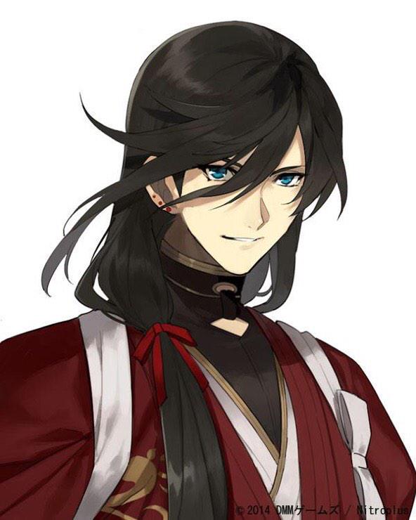1boy black_hair blue_eyes bust company_name dated izumi-no-kami_kanesada japanese_clothes jpeg_artifacts long_hair looking_at_viewer male_focus official_art parted_lips shiramine_(srmn09) simple_background solo touken_ranbu white_background