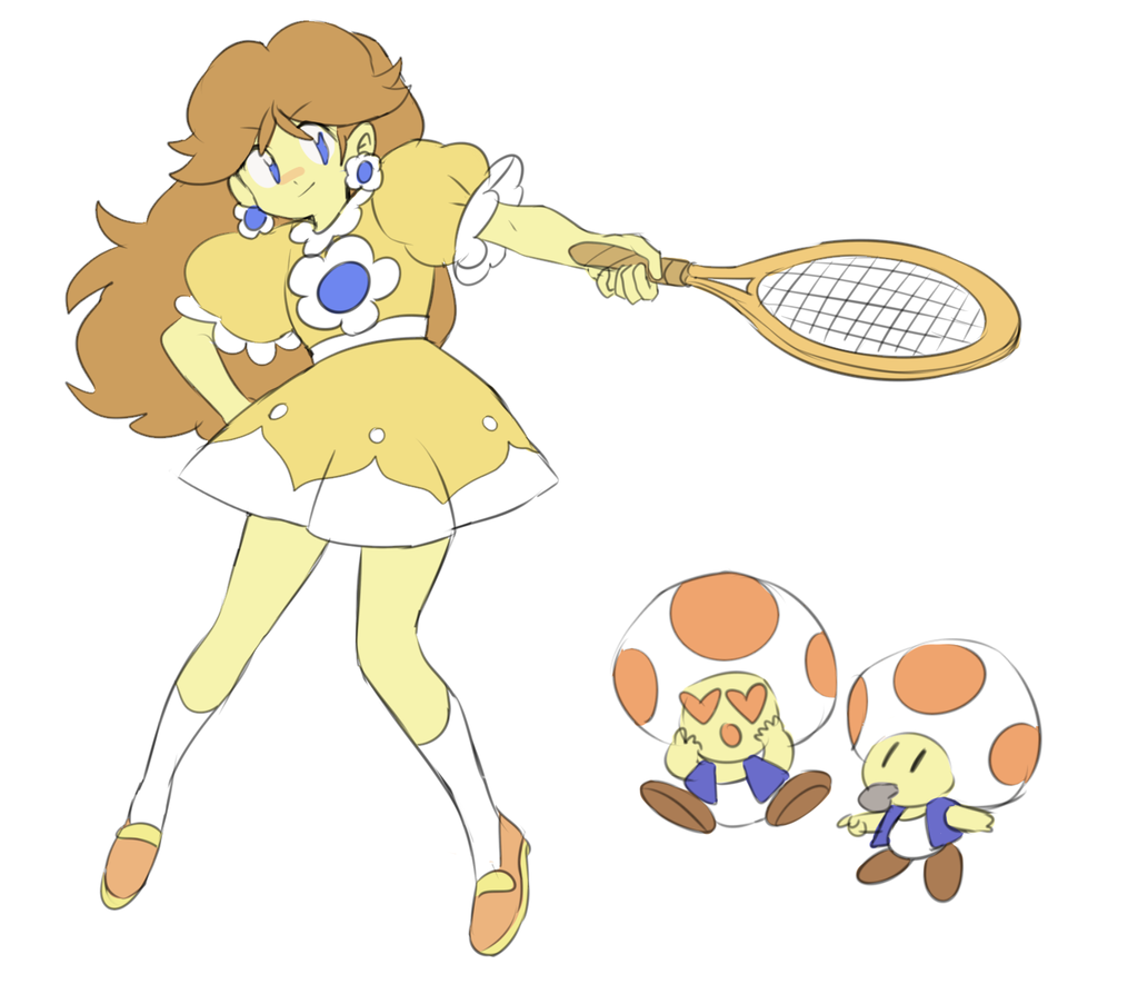 akiyoku blue_eyes brown_hair dress hand_on_hip heart heart_eyes long_hair nintendo princess_daisy racket super_mario_bros. tennis_racket toad whistle