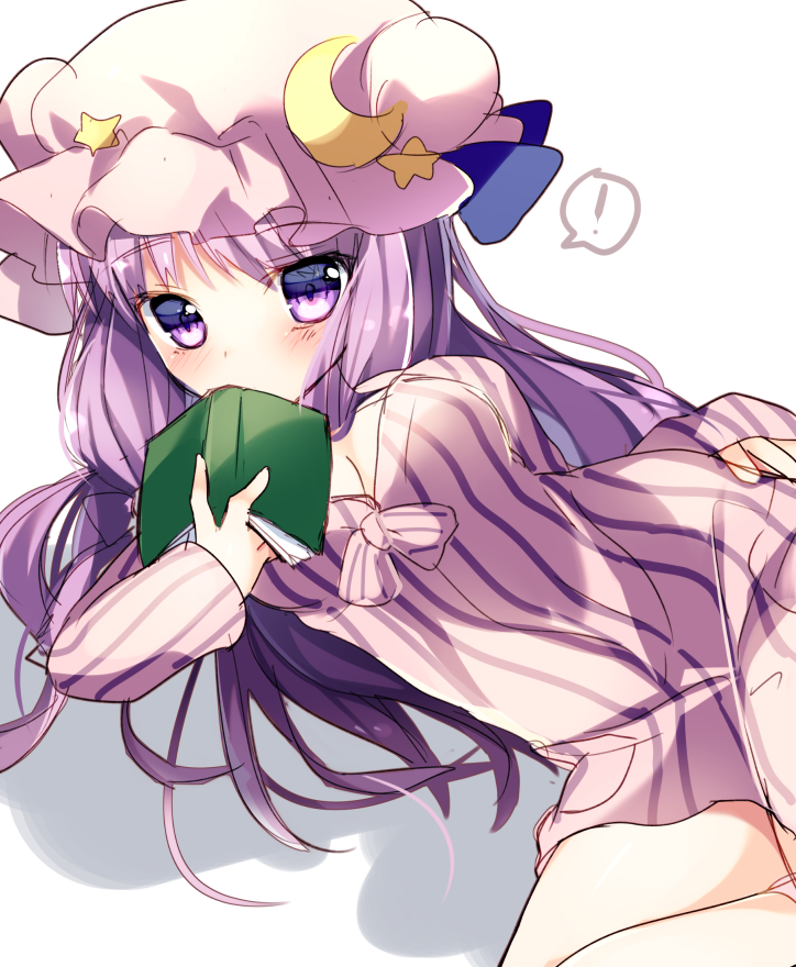! 1girl blush book breasts covering_mouth crescent_hair_ornament dress hair_ornament long_hair long_sleeves looking_at_viewer lying mob_cap morinaga_kobato on_side patchouli_knowledge purple_dress purple_hair solo spoken_exclamation_mark striped striped_dress thighs touhou very_long_hair violet_eyes