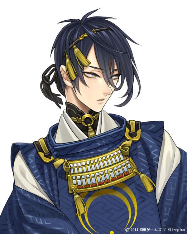 1boy blue_hair bust company_name dated green_eyes ipev japanese_clothes jpeg_artifacts male_focus mikazuki_munechika official_art parted_lips sayagata short_hair simple_background solo touken_ranbu white_background