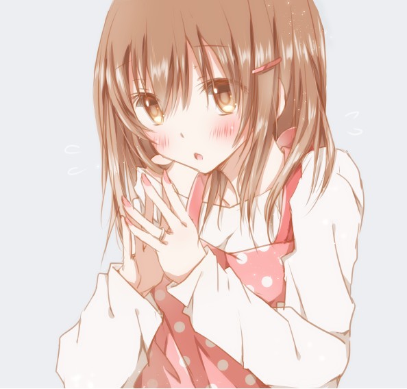 1girl blush brown_eyes brown_hair bust check_commentary commentary_request dress fingers_together hair_ornament hairclip hiro_(hirohiro31) jewelry long_sleeves looking_at_viewer open_mouth original pink_dress polka_dot polka_dot_dress ring shirt solo