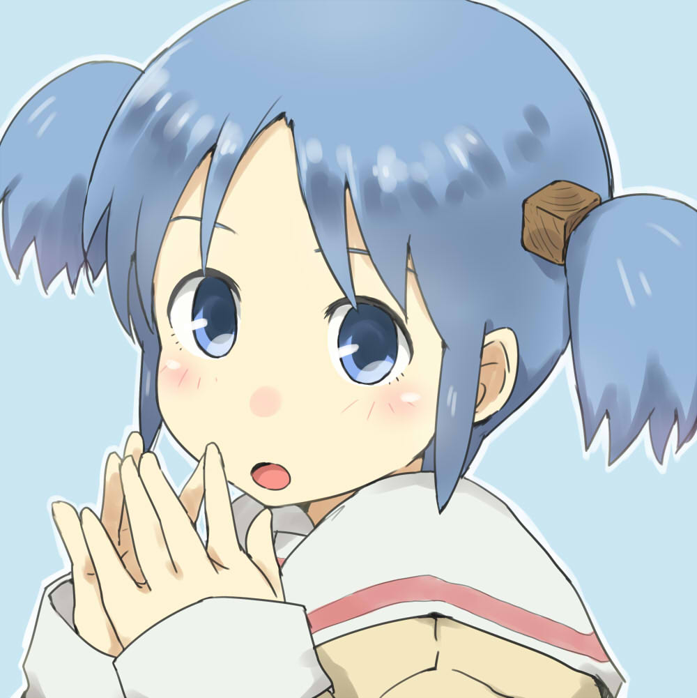 1girl blue_background blue_eyes blue_hair blush gedou_(ge_ge_gedou) hair_cubes hair_ornament hands_together long_sleeves looking_at_viewer naganohara_mio nichijou open_mouth school_uniform serafuku short_hair simple_background sleeves_past_wrists solo twintails