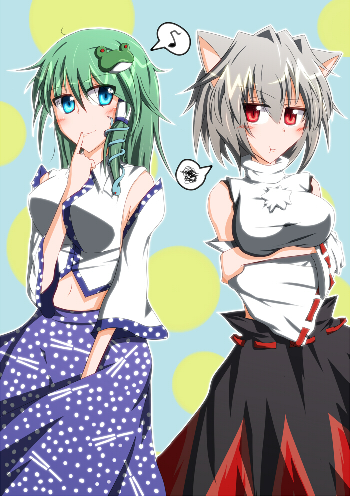 2girls :t ahoge animal_ears bare_shoulders blue_eyes blush breasts crossed_arms detached_sleeves disappointed finger_to_mouth frog frog_hair_ornament green_hair hair_ornament inubashiri_momiji kochiya_sanae large_breasts long_hair long_skirt looking_at_another midriff multiple_girls navel no_hat pom_pom_(clothes) red_eyes ribbon-trimmed_sleeves ribbon_trim short_hair silver_hair skirt snake snake_hair_ornament speech_bubble touhou wolf_ears