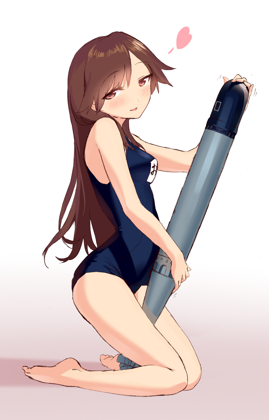 1girl :d alternate_costume arashio_(kantai_collection) bare_legs barefoot blew_andwhite brown_eyes brown_hair highres kantai_collection long_hair open_mouth school_swimsuit smile solo swimsuit torpedo