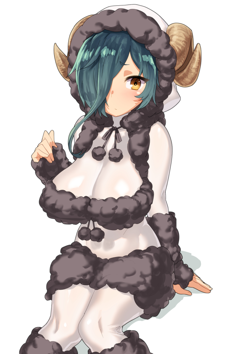 1girl animal_costume blue_hair blush bodysuit breasts highres horns looking_at_viewer sengoku_collection sheep_costume sheep_horns solo tenchisouha yellow_eyes
