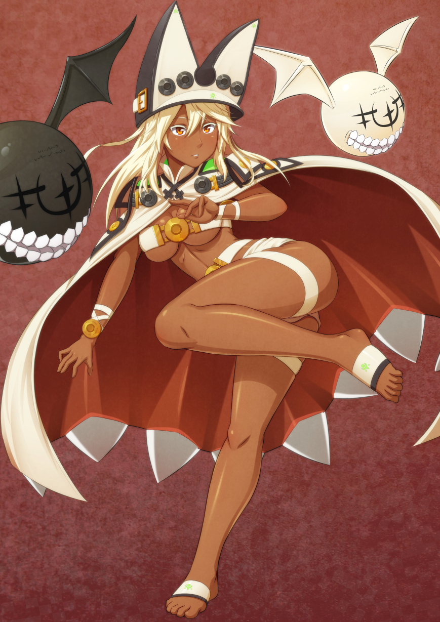 1girl belt beltbra blonde_hair breasts cape creature dark_skin fighting_stance guilty_gear guilty_gear_xrd hat highres large_breasts leg_lift long_hair looking_away murata_isshin navel orange_eyes parted_lips ramlethal_valentine short_shorts shorts solo tan thigh_strap thighs under_boob
