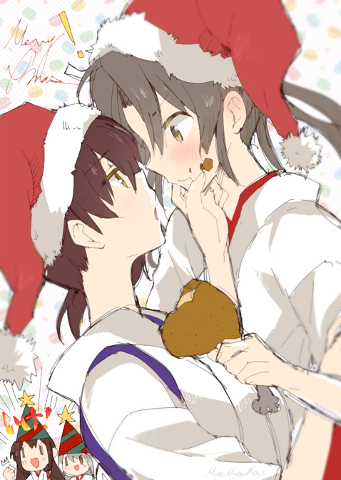 akagi_(kantai_collection) blush food hat japanese_clothes kaga_(kantai_collection) kantai_collection long_hair multiple_girls myama santa_hat shoukaku_(kantai_collection) translation_request turkey_(food) twintails yuri zuikaku_(kantai_collection)