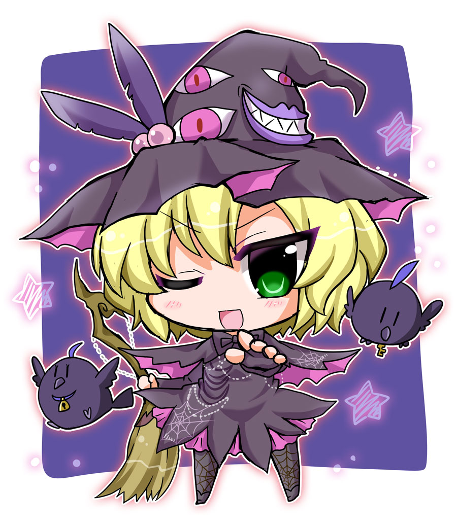 &gt;;d 1girl bird blonde_hair broom chibi deathsmiles fingerless_gloves gloves green_eyes hat holding looking_at_viewer noai_nioshi pointing pointing_at_viewer sakura_(deathsmiles) short_hair witch_hat