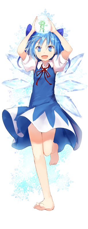1girl animal arms_up barefoot blue_dress blue_eyes blue_hair bow cirno dress efe fairy frog frozen hair_ornament hair_ribbon ice ice_wings looking_at_viewer open_mouth puffy_sleeves ribbon short_hair short_sleeves simple_background smile solo touhou white_background wings