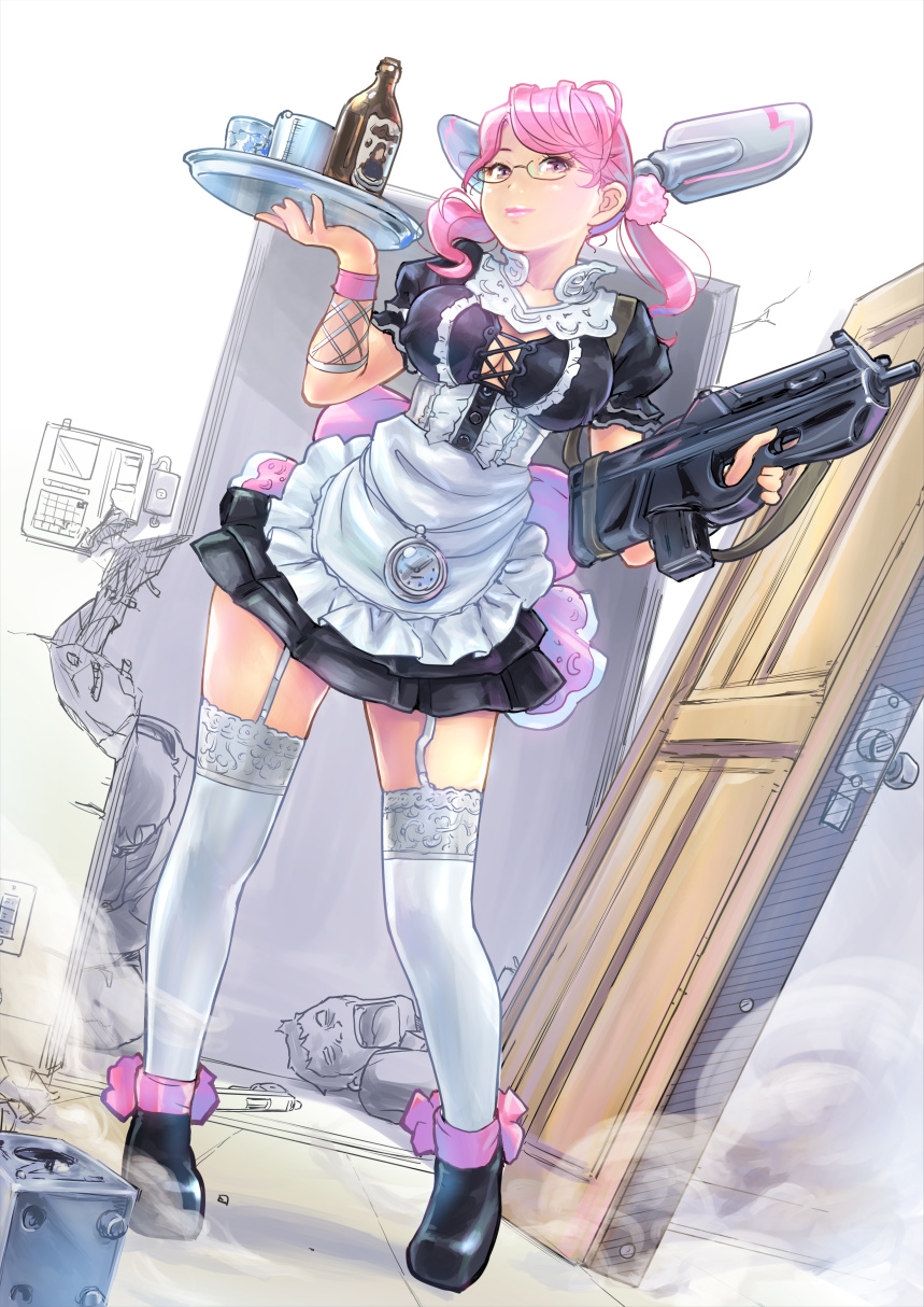 1boy 1girl bottle breasts carina_(xiaowoo) cleavage cup door dutch_angle garter_straps glasses gun highres maid original pink_eyes pink_hair pocket_watch solo_focus thigh-highs tray twintails watch weapon zettai_ryouiki