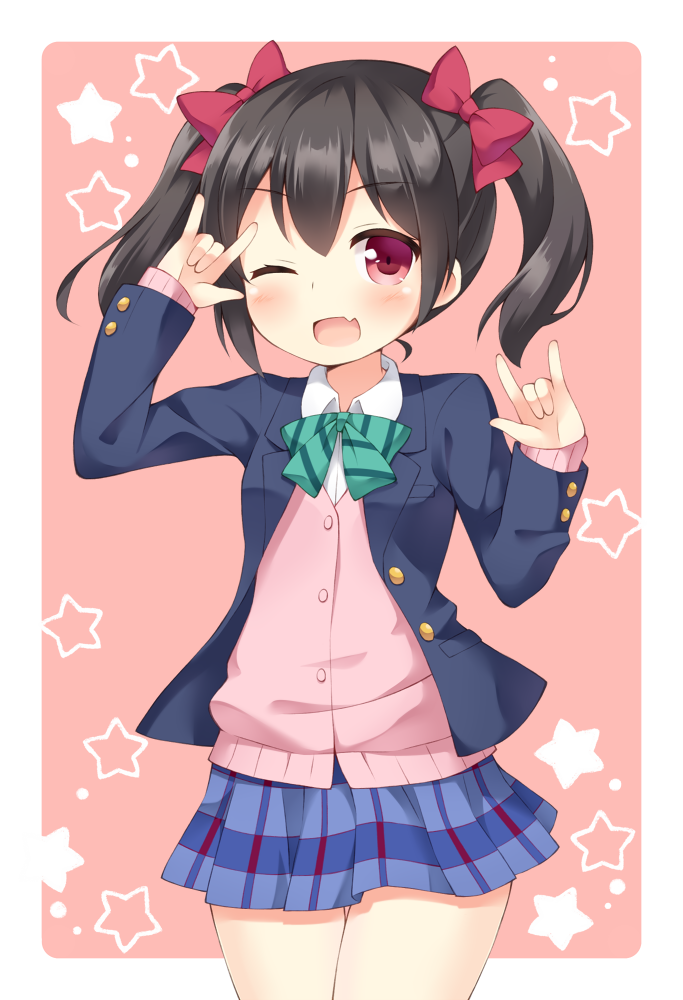 1girl \m/ bangs black_hair blazer blush bow bowtie buttons cardigan customer_(carrack) double_\m/ fang frame hair_bow looking_at_viewer love_live!_school_idol_project nico_nico_nii one_eye_closed open_mouth pleated_skirt red_eyes school_uniform shirt short_hair short_twintails simple_background skirt smile solo standing star starry_background twintails white_shirt yazawa_nico