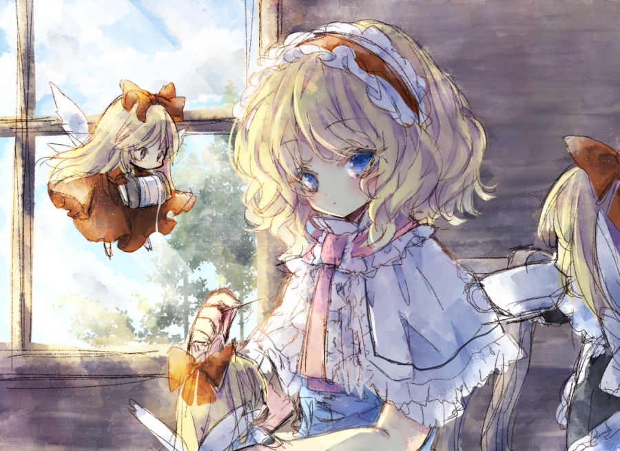 1girl alice_margatroid blonde_hair blue_dress blue_eyes blue_sky bow capelet chair clouds cup dress hair_bow hairband hourai_doll lolita_hairband looking_at_viewer needle piyokichi red_dress sewing_needle shanghai_doll sitting sky teacup thread touhou window