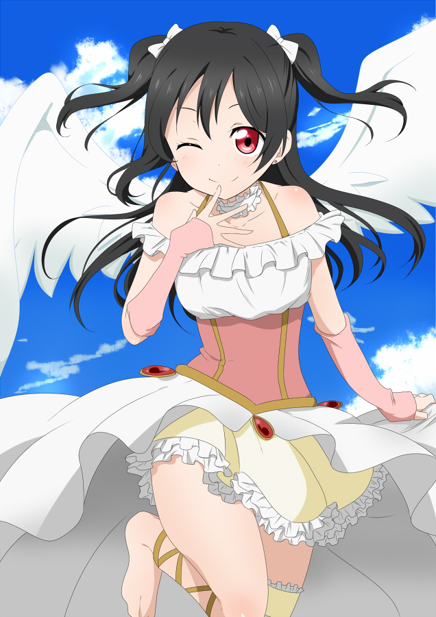 angel black_hair blush dress long_hair love_live!_school_idol_project red_eyes sky smile tails twin wings wink yazawa_nico