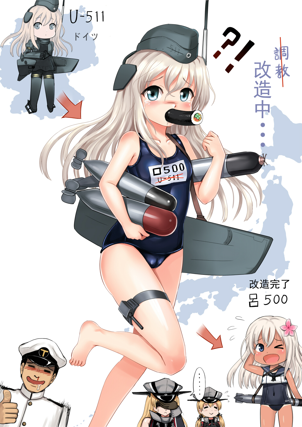 &gt;_o 1boy 1girl admiral_(kantai_collection) bismarck_(kantai_collection) blonde_hair blood blue_eyes blush evolution facepalm highres ishikei_(style) kantai_collection long_hair military military_uniform name_tag nosebleed one-piece_swimsuit one_eye_closed prinz_eugen_(kantai_collection) ro-500_(kantai_collection) school_swimsuit solo sweatdrop swimsuit tan torpedo u-511_(kantai_collection) uniform y.ssanoha