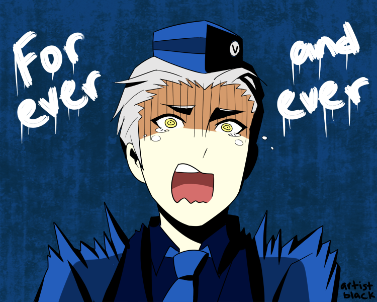 1boy artist_black artist_name crying grey_hair hat male_focus necktie open_mouth parody persona persona_3 persona_3_portable teodor the_shining yellow_eyes