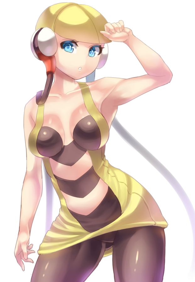 1girl armpits bare_shoulders blonde_hair blue_eyes breasts kamitsure_(pokemon) kazo pantyhose pokemon short_hair simple_background solo white_background