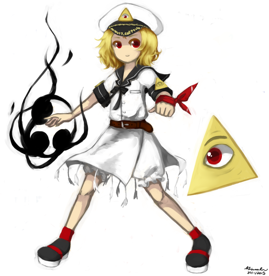 1girl blonde_hair bloomers eyes flandre495 flat_chest hat illuminati looking_at_viewer mitsudomoe_(shape) original personification red_eyes sailor_collar short_hair signature simple_background smirk solo tassel tomoe_(symbol) touhou triangle underwear white_background