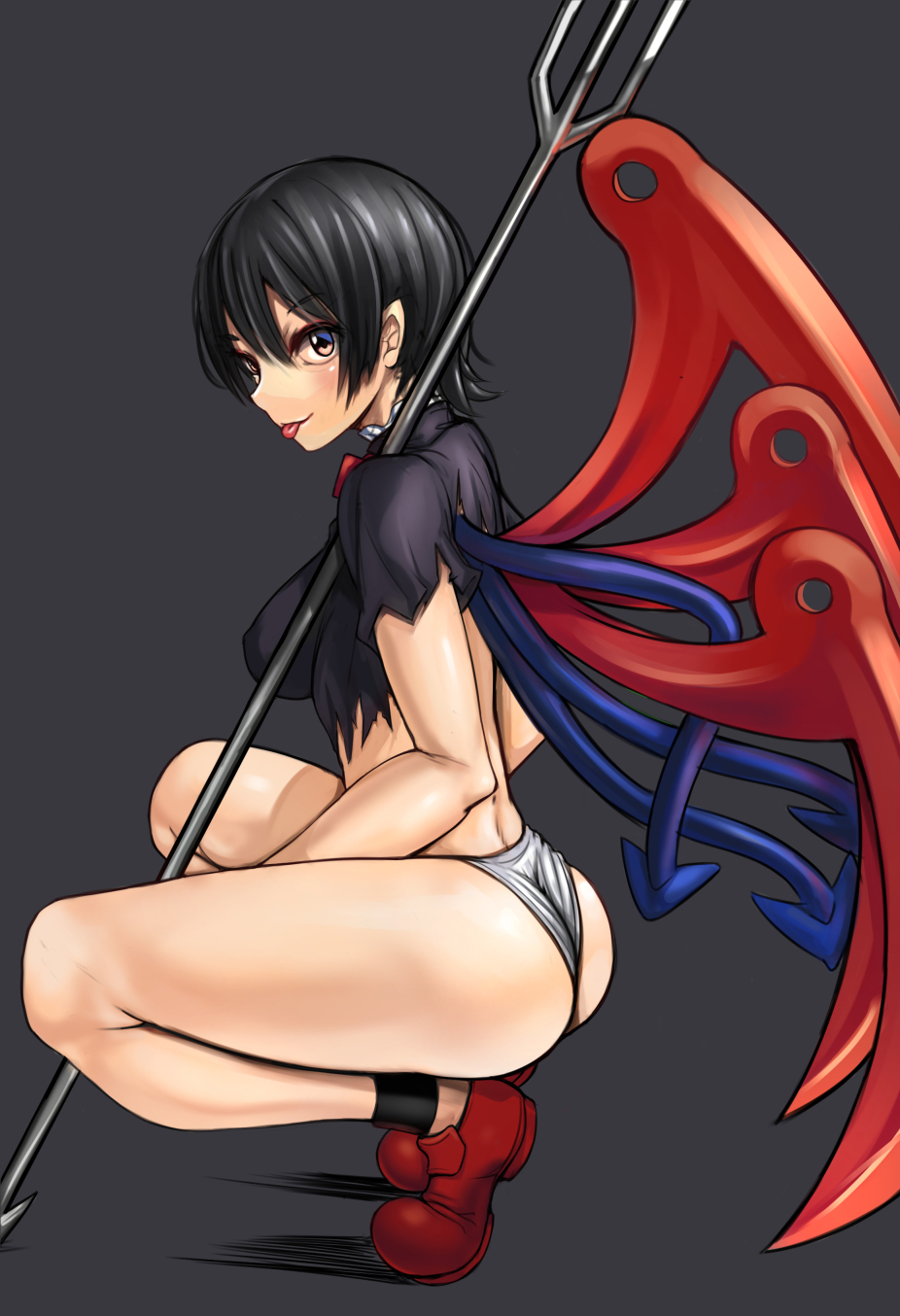 1girl amber_eyes ass asymmetrical_wings ayakumo black_dress black_hair dress highres houjuu_nue looking_at_viewer panties polearm short_sleeves smile solo squatting tongue tongue_out torn_clothes torn_dress touhou trident underwear weapon white_panties wings
