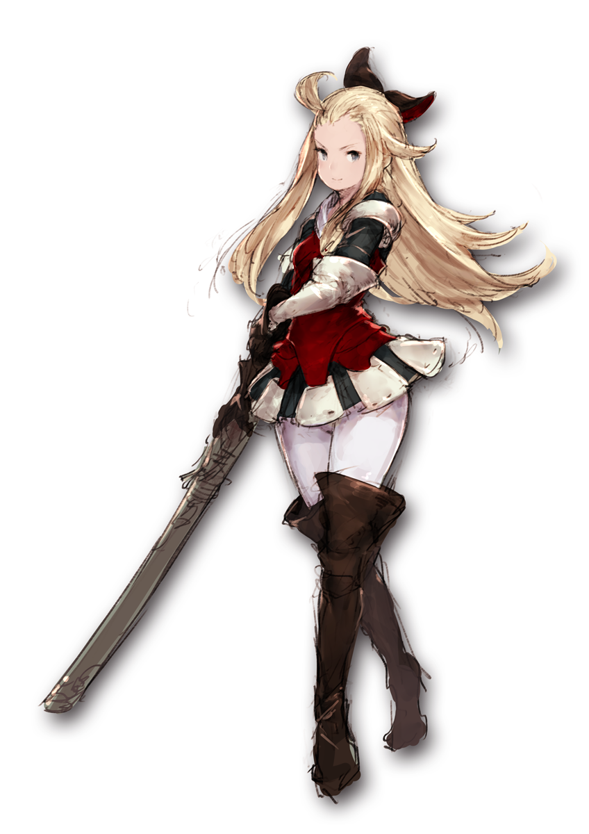 1girl ahoge blonde_hair blue_eyes boots bow bravely_default:_flying_fairy bravely_default_(series) edea_lee gloves hair_bow highres junwool katana long_hair looking_at_viewer pantyhose simple_background sketch smile solo sword thigh-highs thigh_boots weapon white_background white_legwear