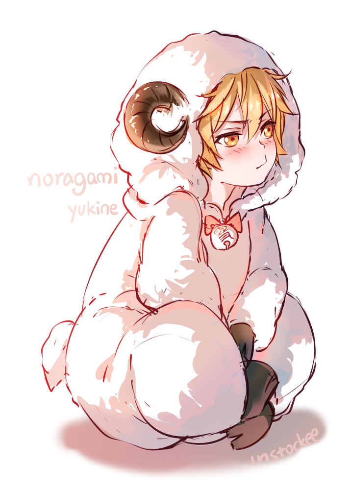 1boy animal_costume artist_name bell blonde_hair blush character_name copyright_name horns instockeee necktie noragami pout sheep_costume sheep_horns short_hair simple_background sitting solo white_background yellow_eyes yukine_(noragami)