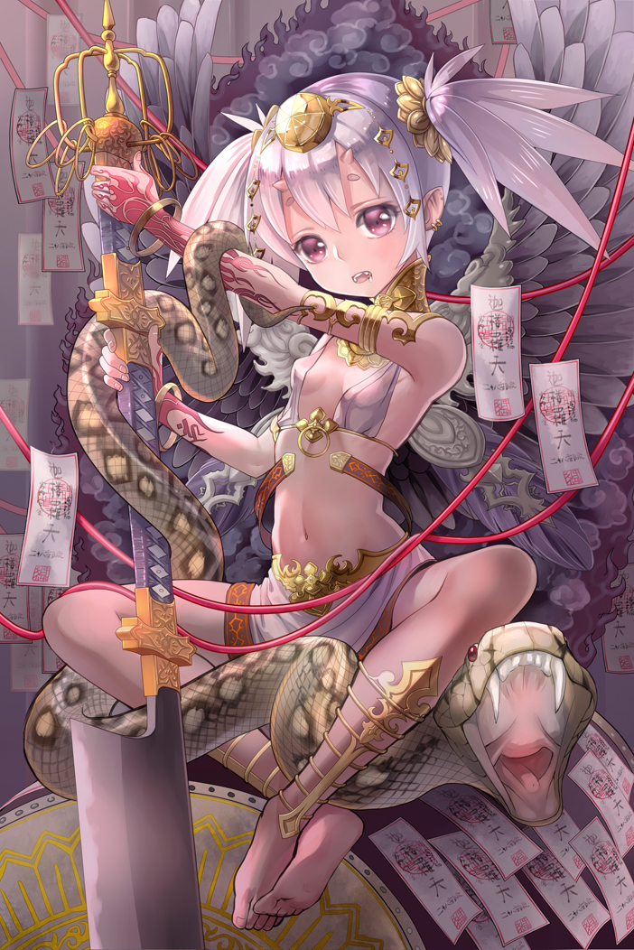 1girl anklet armlet barefoot brown_eyes earrings fangs hair_ornament horns jewelry navel ofuda original pointy_ears snake solo twintails weapon white_hair wings yamadaokutarou