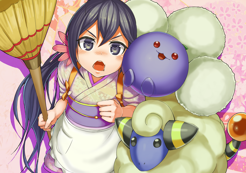 1girl akebono_(kantai_collection) apron bell broom dustpan floral_print flower from_above hair_bell hair_flower hair_ornament japanese_clothes jumpluff kantai_collection kimono long_hair looking_at_viewer mareep pokemon pokemon_(creature) pokemon_(game) purple_hair seramikku short_kimono side_ponytail tasuki very_long_hair violet_eyes wa_maid