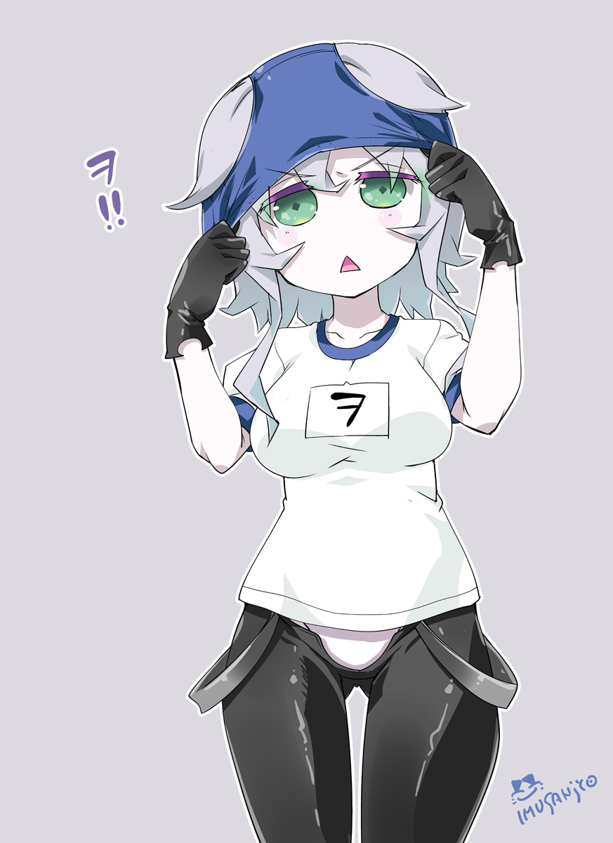 alternate_costume black_gloves blush_stickers buruma gloves green_eyes gym_uniform highres imu_sanjo kantai_collection name_tag shinkaisei-kan short_hair silver_hair translation_request triangle_mouth white_skin wo-class_aircraft_carrier you're_doing_it_wrong