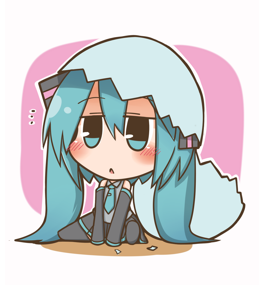 ... 1girl aqua_eyes aqua_hair blush chibi detached_sleeves eggshell eggshell_hat hair_ornament hatsune_miku long_hair looking_at_viewer necktie ooyama_bokuchi pleated_skirt sitting skirt solo twintails vocaloid