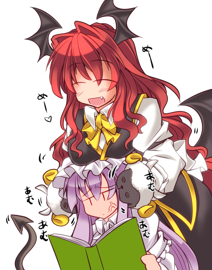 2girls anger_vein biting black_dress book breast_rest breasts breasts_on_head demon_girl demon_tail demon_wings dress fang hand_puppet head_biting head_wings horns koakuma large_breasts long_hair long_sleeves mob_cap multiple_girls mumumu open_mouth patchouli_knowledge puppet purple_hair redhead sheep_horns shirt smile tail touhou very_long_hair wings