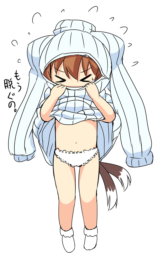 &gt;_&lt; 1girl alternate_costume animal_ears brown_hair cat_ears cat_tail chen cleavage_cutout closed_eyes ear_piercing flying_sweatdrops jewelry long_sleeves midriff mob_cap multiple_tails navel open-chest_sweater oversized_clothes panties piercing pila-pela ribbed_sweater single_earring solo sweater tail touhou translation_request turtleneck underwear undressing wardrobe_error white_panties you're_doing_it_wrong