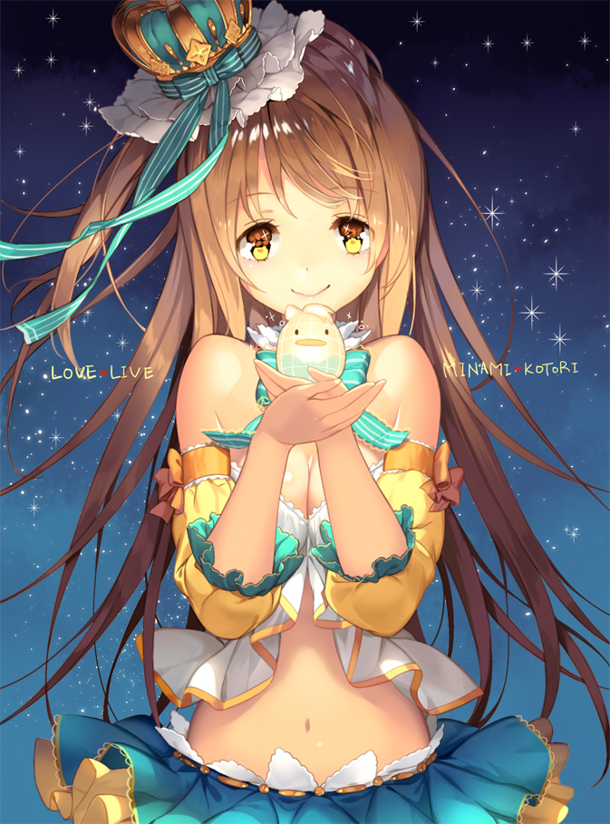 1girl bare_shoulders bow brown_hair character_name copyright_name crown detached_collar detached_sleeves hat love_live!_school_idol_project midriff minami_kotori mini_crown navel night night_sky one_side_up ribbon rozer skirt sky smile solo yellow_eyes
