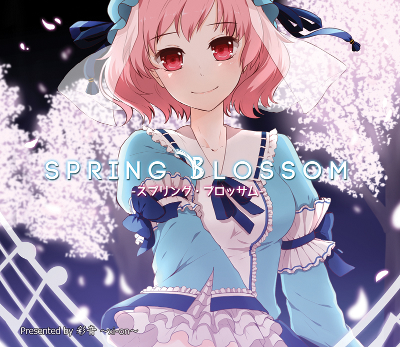 1girl album_cover bust cherry_blossoms cover dress frills looking_at_viewer mob_cap monicanc musical_note neck_ribbon petals pink_hair red_eyes ribbon saigyouji_yuyuko short_hair smile solo touhou wide_sleeves