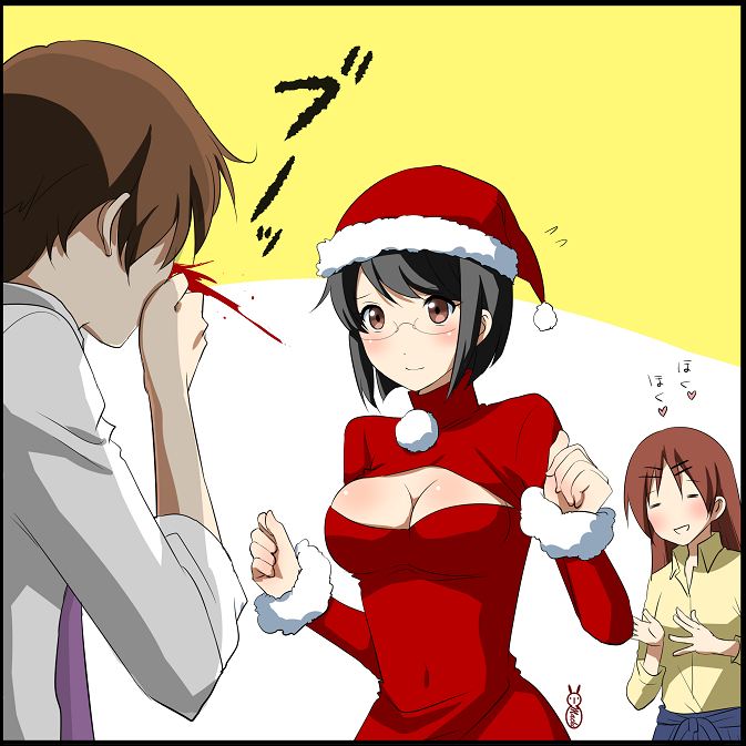 1boy ahoge black_hair blood blush brown_hair chihaya_megumi cleavage_cutout glasses hasebe_yutaka hat long_hair machinosuke nosebleed santa_hat servant_x_service short_hair translation_request yamagami_lucy