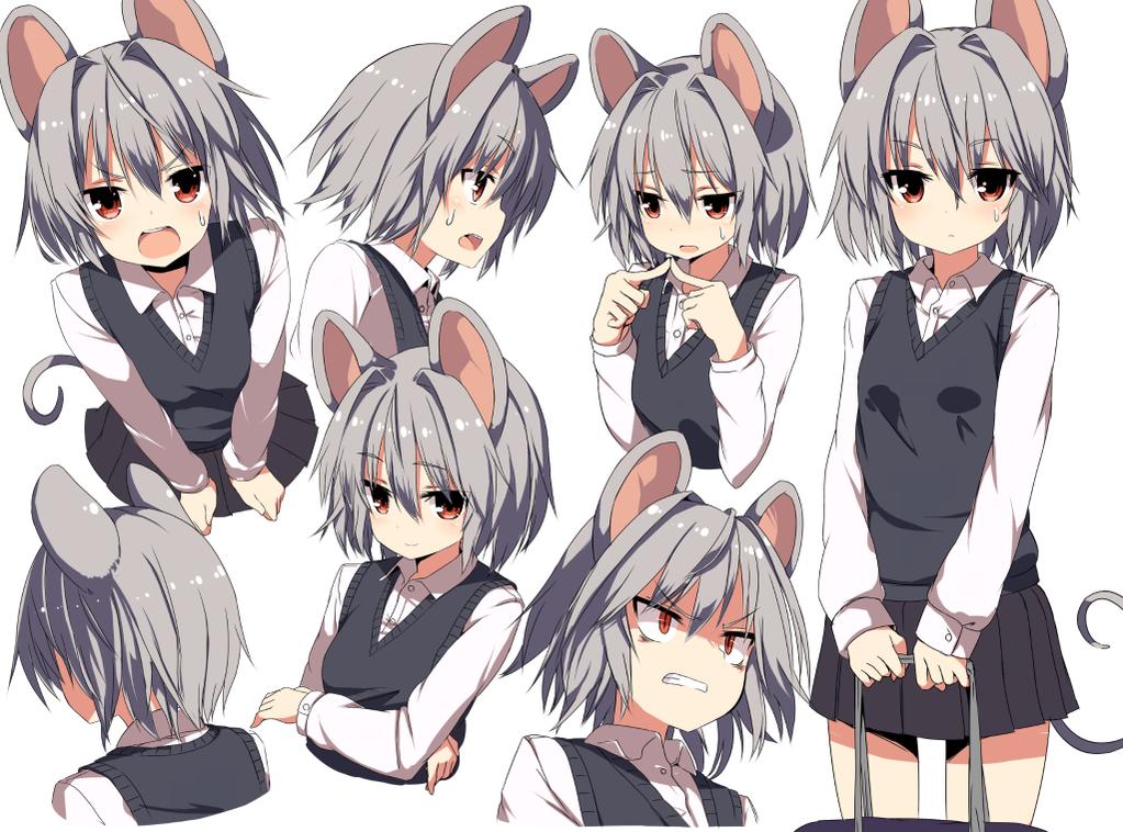1girl 5240mosu alternate_costume angry animal_ears back blush character_sheet fingers_together grey_hair long_sleeves looking_at_viewer mouse_ears mouse_tail multiple_persona nazrin open_mouth profile red_eyes shirt short_hair simple_background skirt smile sweatdrop sweater sweater_vest tail touhou white_background