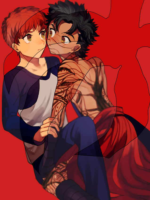 2boys black_hair dark_skin emiya_shirou fate/hollow_ataraxia fate/stay_night fate_(series) full_body_tattoo multiple_boys naoko_(juvenile) raglan_sleeves redhead tattoo verg_avesta yellow_eyes