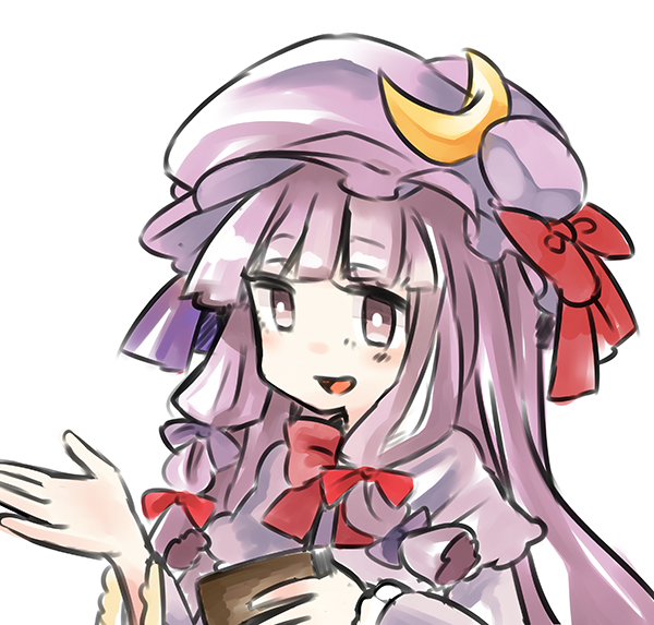 1girl :d book bust crescent_hair_ornament hair_ornament hair_ribbon hat hat_ribbon hisui_(kimochi) holding holding_book long_hair mob_cap open_mouth outstretched_hand patchouli_knowledge purple_hair ribbon smile touhou violet_eyes white_background