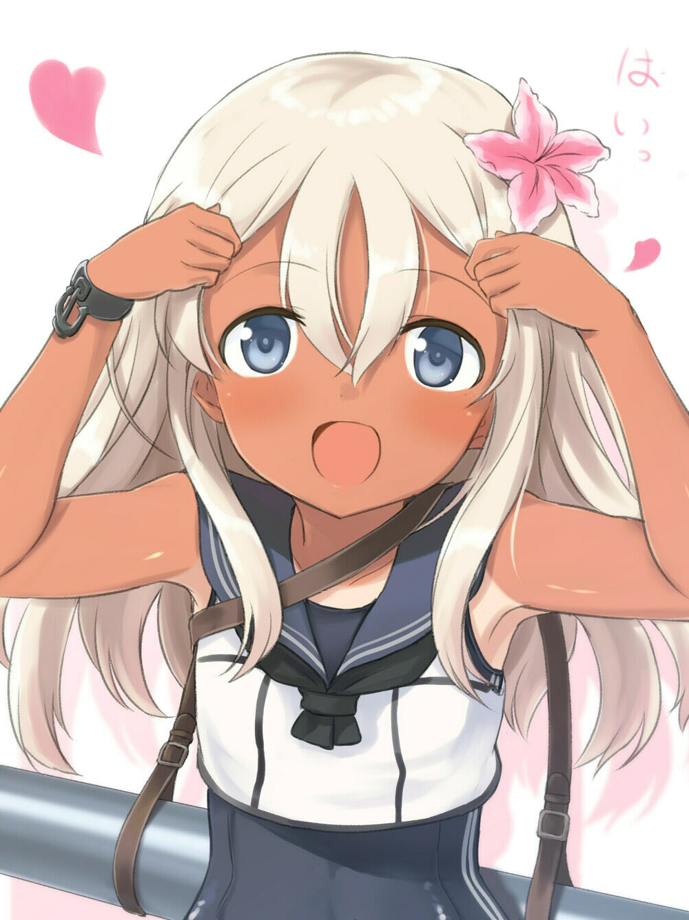 1girl :d bare_shoulders blonde_hair blue_eyes bracelet bust crop_top engiyoshi flower hair_flower hair_ornament highres jewelry kantai_collection long_hair looking_at_viewer neckerchief open_mouth ro-500_(kantai_collection) sailor_collar school_uniform simple_background smile solo swimsuit tan tanline torpedo u-511_(kantai_collection) white_background