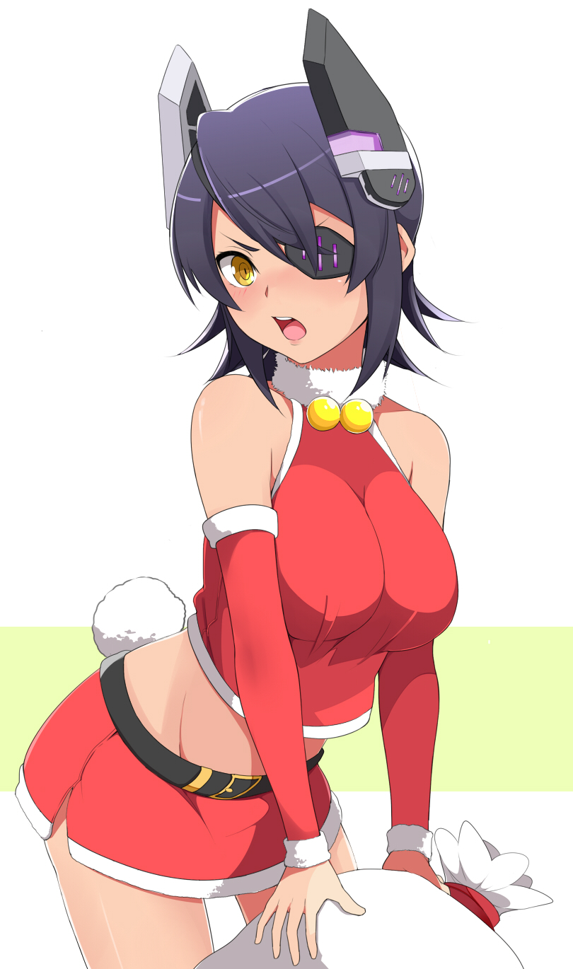 1girl blush breasts bunny_tail eyepatch haseneko headgear highres kantai_collection large_breasts looking_at_viewer midriff mound_of_venus open_mouth purple_hair sack santa_costume short_hair solo tail tenryuu_(kantai_collection) yellow_eyes