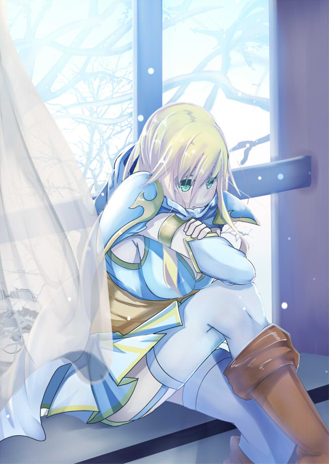 1girl ashe_(league_of_legends) blonde_hair blue_eyes breasts chin_rest cleavage garter_straps hood indoors large_breasts league_of_legends long_hair miniskirt sitting skirt thigh-highs vococo window