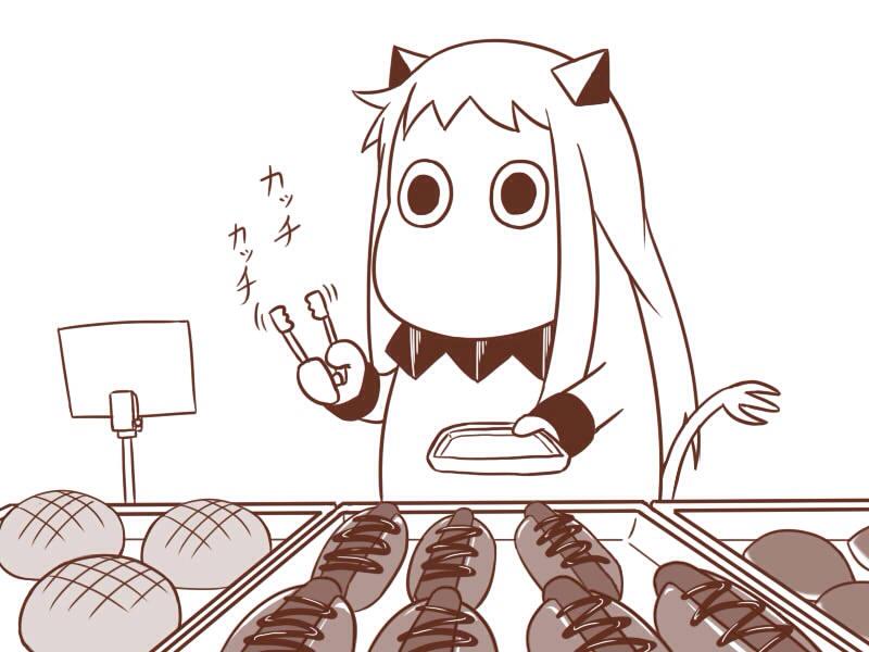 (o)_(o) 1girl bread commentary english food horns hot_dog kantai_collection long_hair melon_bread monochrome moomin moomintroll northern_ocean_hime northern_ocean_hime_(cosplay) sazanami_konami shinkaisei-kan simple_background tail tray