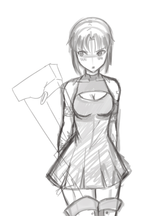 1girl armlet arms_behind_back blush breasts ciel cleavage cleavage_cutout dress looking_away no_glasses oceanbellereine short_hair sketch sleeveless sleeveless_dress solo tattoo thigh-highs tsukihime weapon