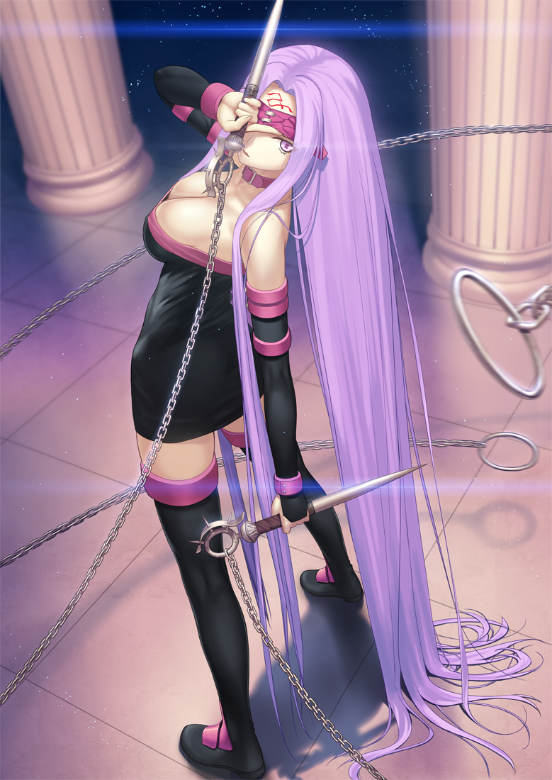 1girl bare_shoulders blindfold boots breasts buckle chain cleavage collar column dagger dress elbow_gloves facial_mark fate/stay_night fate_(series) forehead_mark gloves large_breasts long_hair looking_at_viewer open_mouth pillar purple_hair rider solo square_pupils strapless_dress thigh-highs thigh_boots tile_floor tiles translucent_hair tsukikanade very_long_hair violet_eyes weapon