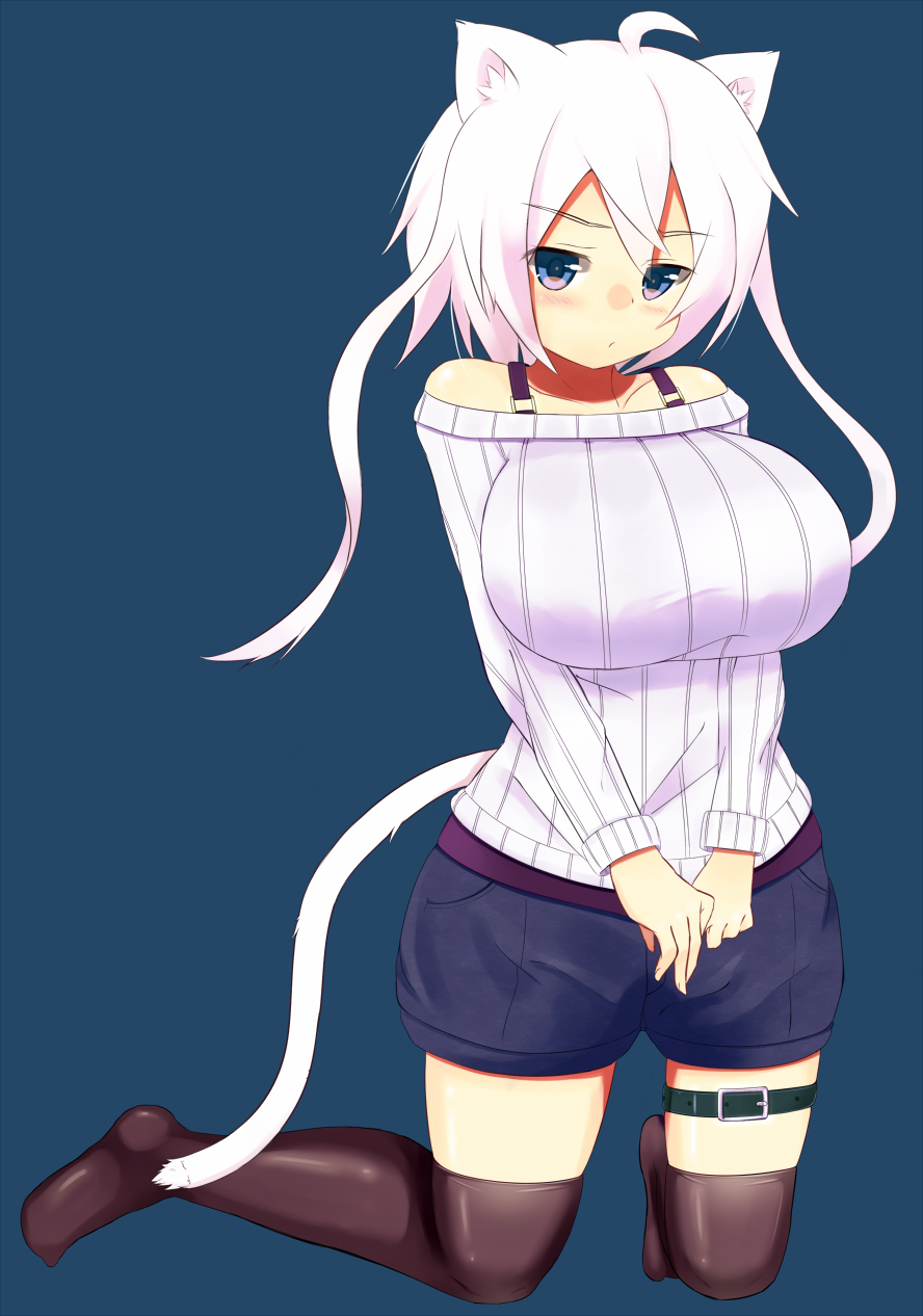1girl ahoge animal_ears annoyed black_legwear blue_background blue_eyes blush breast_squeeze breasts cat_ears cat_tail felt_whitesnow highres huge_breasts kneeling original pout ribbed_sweater sawati short_hair_with_long_locks short_shorts shorts solo sweater tail thigh-highs thigh_strap v_arms white_hair