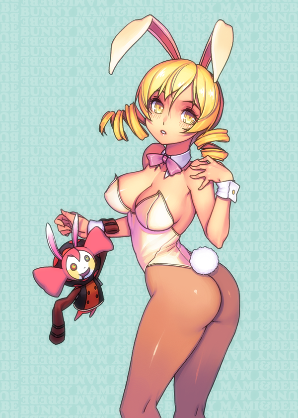 1girl animal_ears ass blonde_hair breasts brown_legwear bunny_tail bunnysuit charlotte_(madoka_magica) cleavage detached_collar drill_hair drooling from_behind large_breasts looking_back mahou_shoujo_madoka_magica parted_lips rabbit_ears revision solo tail tomoe_mami twin_drills wrist_cuffs yellow_eyes yuksi