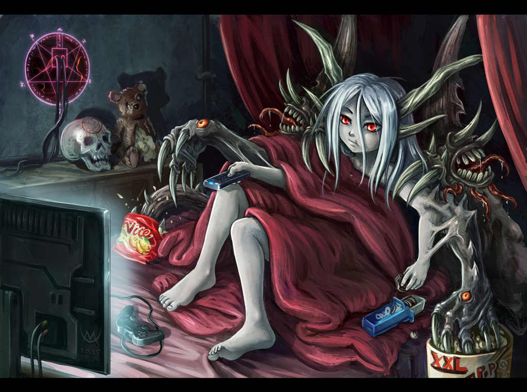 1girl 2015 barefoot controller demon_girl demon_horns demon_wings eating extra_arms extra_eyes extra_mouth game_controller grey_skin horns long_hair maxa' multitasking on_bed oreo original popcorn potato_chips red_eyes remote_control saliva silver_hair skull solo stuffed_animal stuffed_toy teddy_bear television tongue watching_television wings