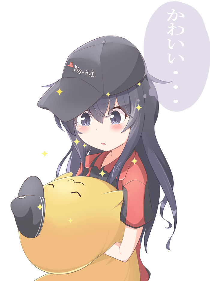 1girl :3 akatsuki_(kantai_collection) alternate_costume black_hair blue_eyes blush bust cheese-kun closed_eyes code_geass hat kantai_collection moninora_(moninora83) open_mouth pizza_hut solo sparkle translation_request uniform