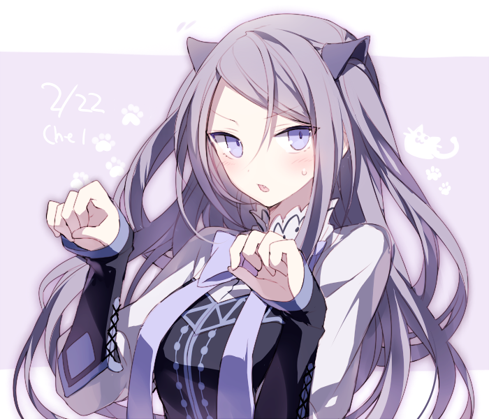 1girl :3 animal_ears blue_eyes blue_hair blush breasts cat_ears extra_ears fang hijiri_(resetter) large_breasts letterboxed looking_at_viewer open_mouth original paw_pose paw_print sleeves_past_wrists solo sweatdrop white_background