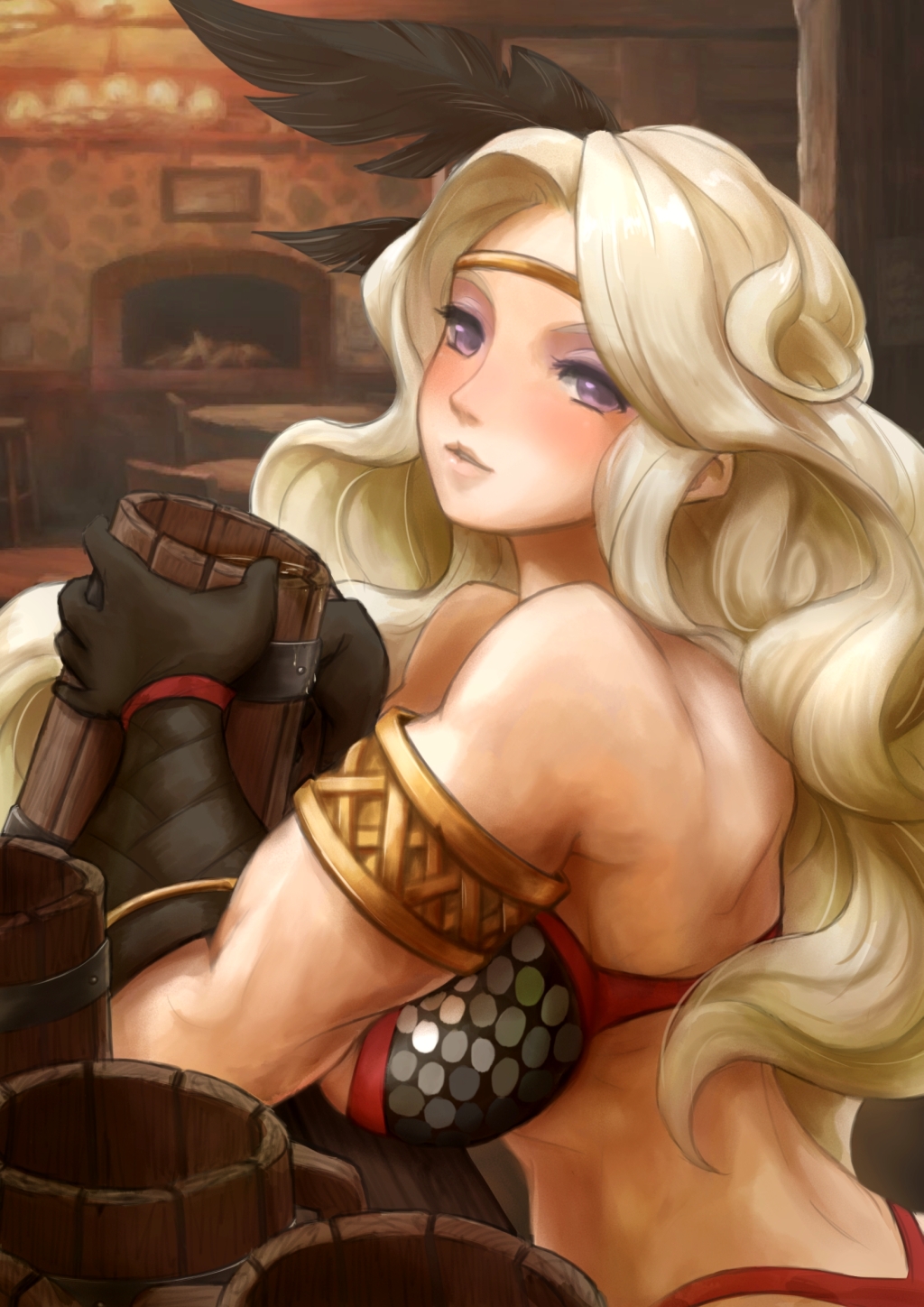 1girl amazon_(dragon's_crown) armlet breasts circlet curly_hair dragon's_crown feathers gloves highres light_smile lips long_hair parted_lips solo tie_baihe toned violet_eyes